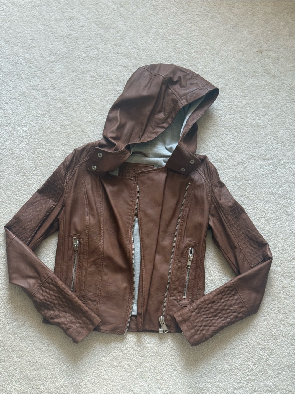 Brown Hooded Faux Leather Moto Jacket